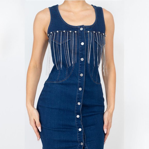 RHINESTONE FRINGE Denim Stretch Sleeveless Jacket Dress - Picture 5 of 5